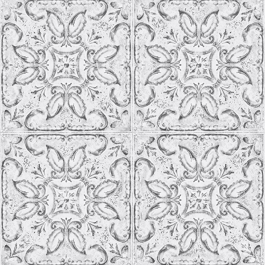 Contour Vintage Tin Tile White & Grey Kitchen & Bathroom Wallpaper 103855