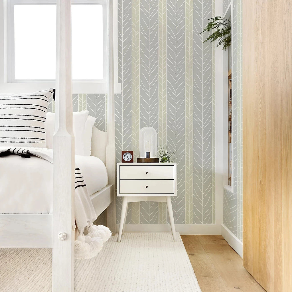 Lottie Grey & Sage Green Branch Stripe Geometric Wallpaper
