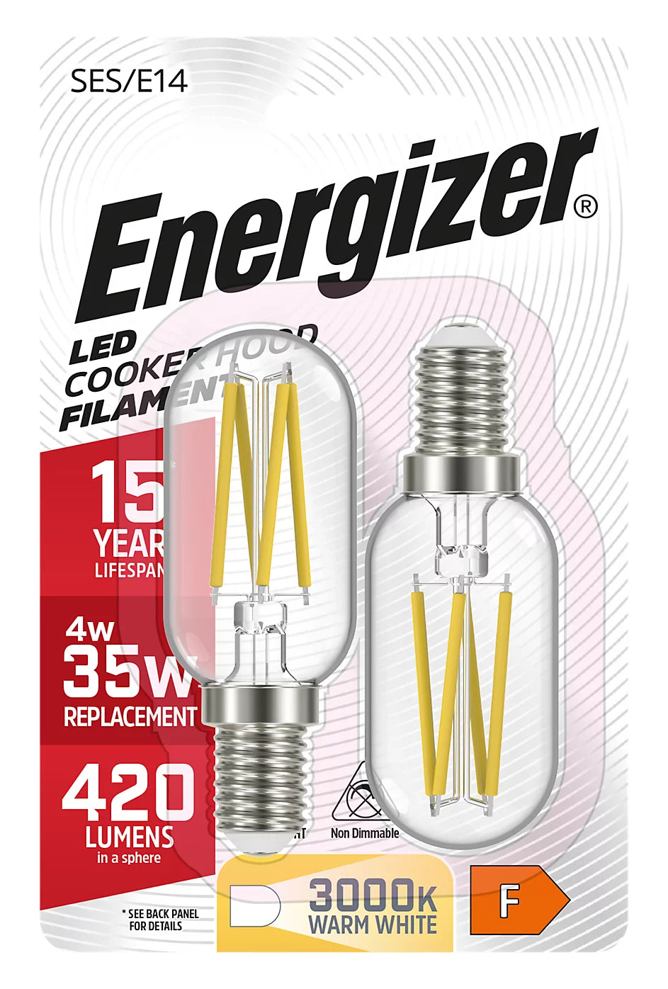 Energizer 4W > 35W LED Cooker Hood Filament Bulb E14 Pack of 2 S13564