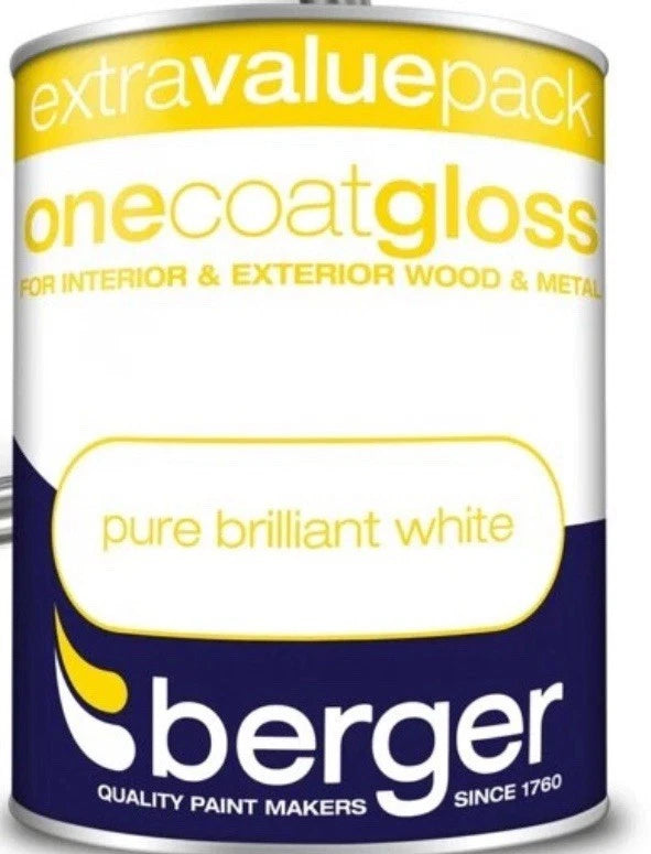 Berger White One Coat Gloss Paint 1.25L