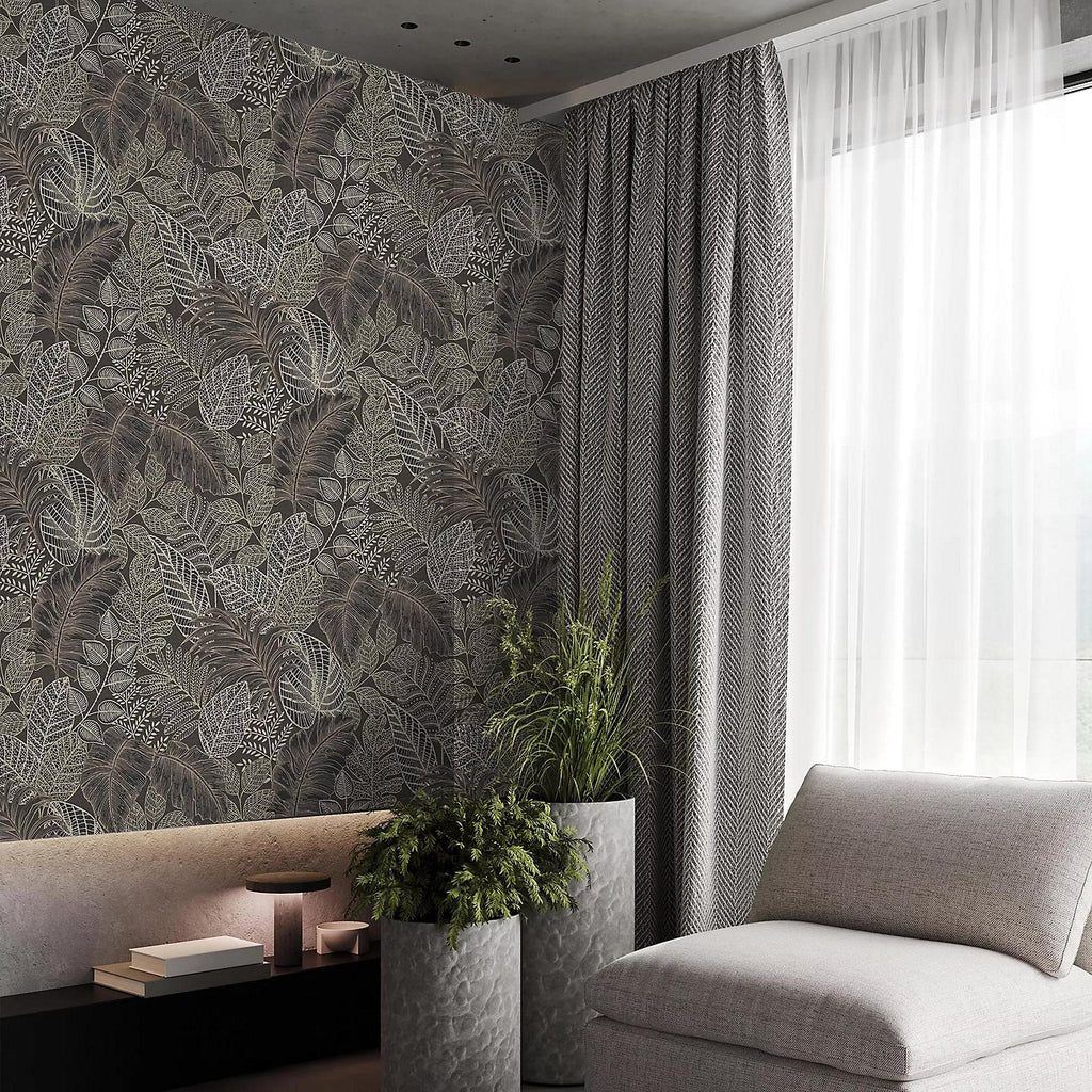 Graham & Brown Scattered Leaves Charcoal & Gold Wallpaper 122425