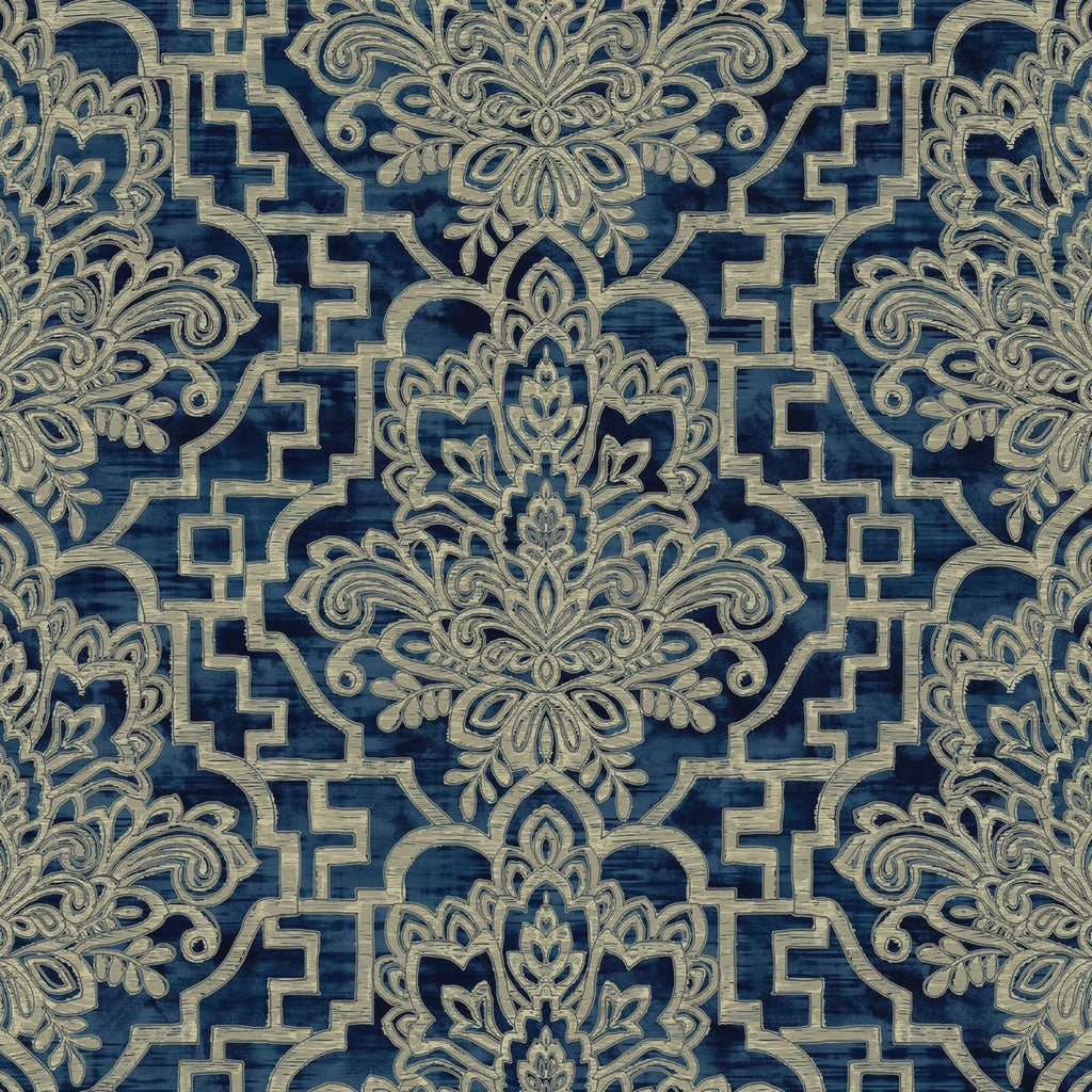 Grandeco Damask Trellis Navy Blue & Pale Gold Luxury Metallic Wallpaper A62402