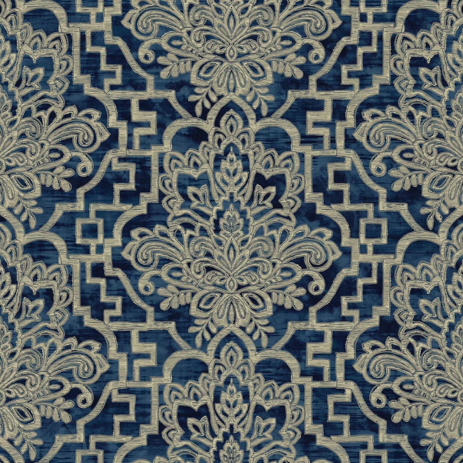 Grandeco Damask Trellis Navy Blue & Pale Gold Luxury Metallic Wallpaper A62402