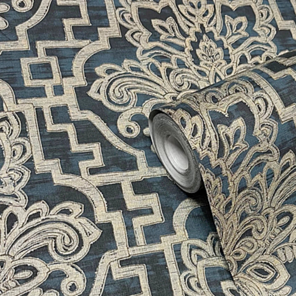 Grandeco Damask Trellis Navy Blue & Pale Gold Luxury Metallic Wallpaper A62402