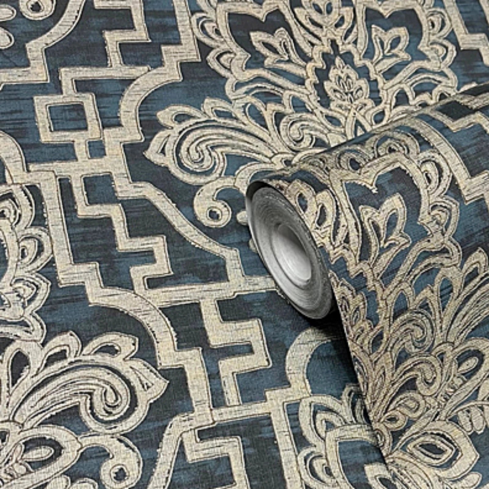 Grandeco Damask Trellis Navy Blue & Pale Gold Luxury Metallic Wallpaper A62402
