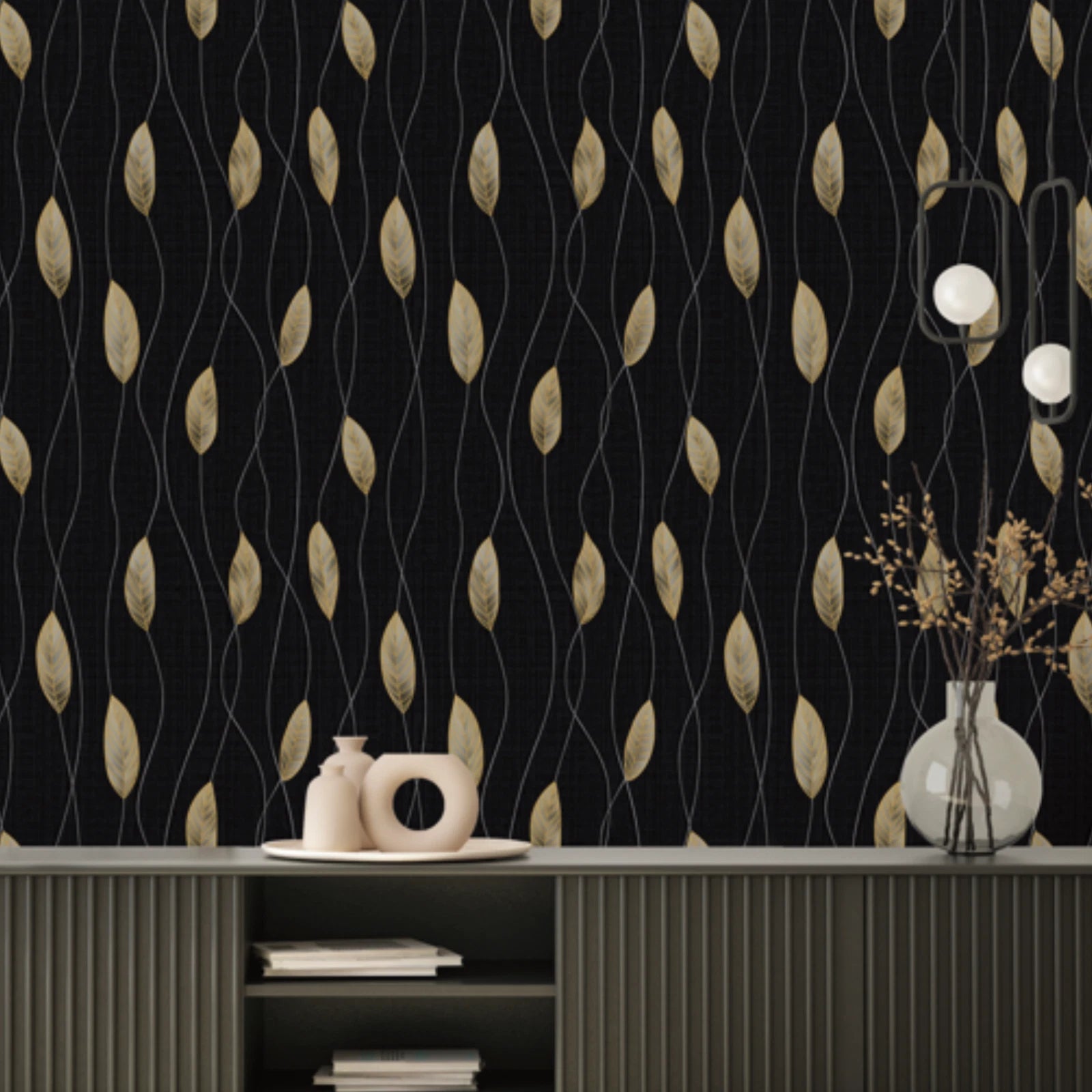 Sartoria Serenity Trail Black & Gold Metallic Leaf Luxury Wallpaper 7868