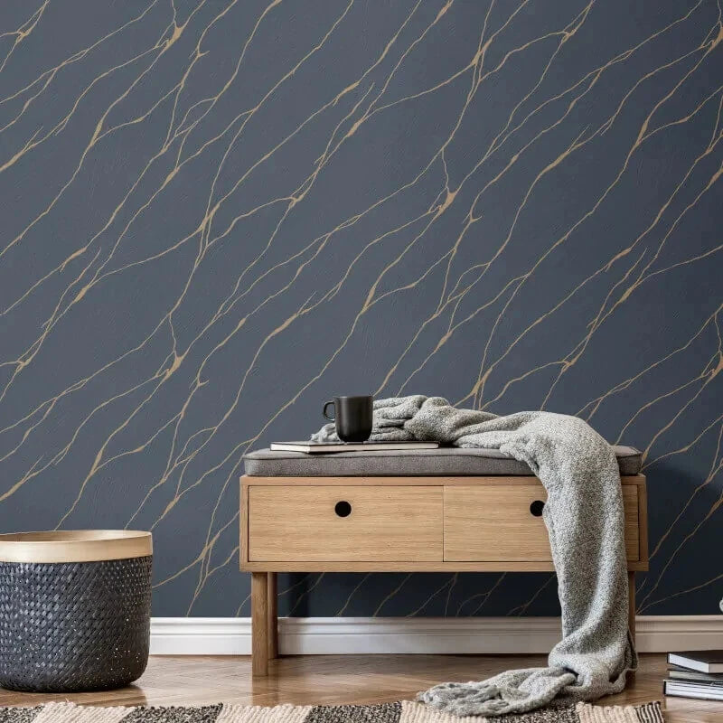 Erismann Cracked Plaster Marble Blue & Gold Metallic Luxury Wallpaper 10440-08