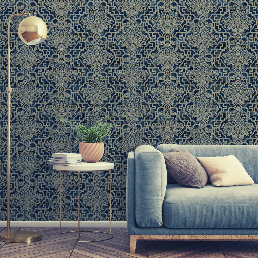 Grandeco Damask Trellis Navy Blue & Pale Gold Luxury Metallic Wallpaper A62402