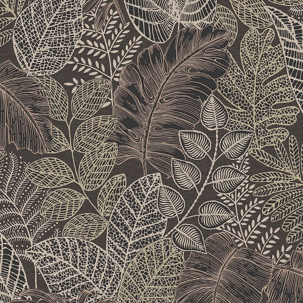 Graham & Brown Scattered Leaves Charcoal & Gold Wallpaper 122425