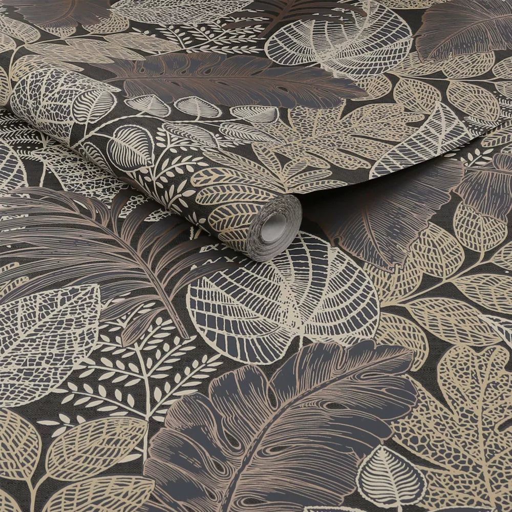 Graham & Brown Scattered Leaves Charcoal & Gold Wallpaper 122425