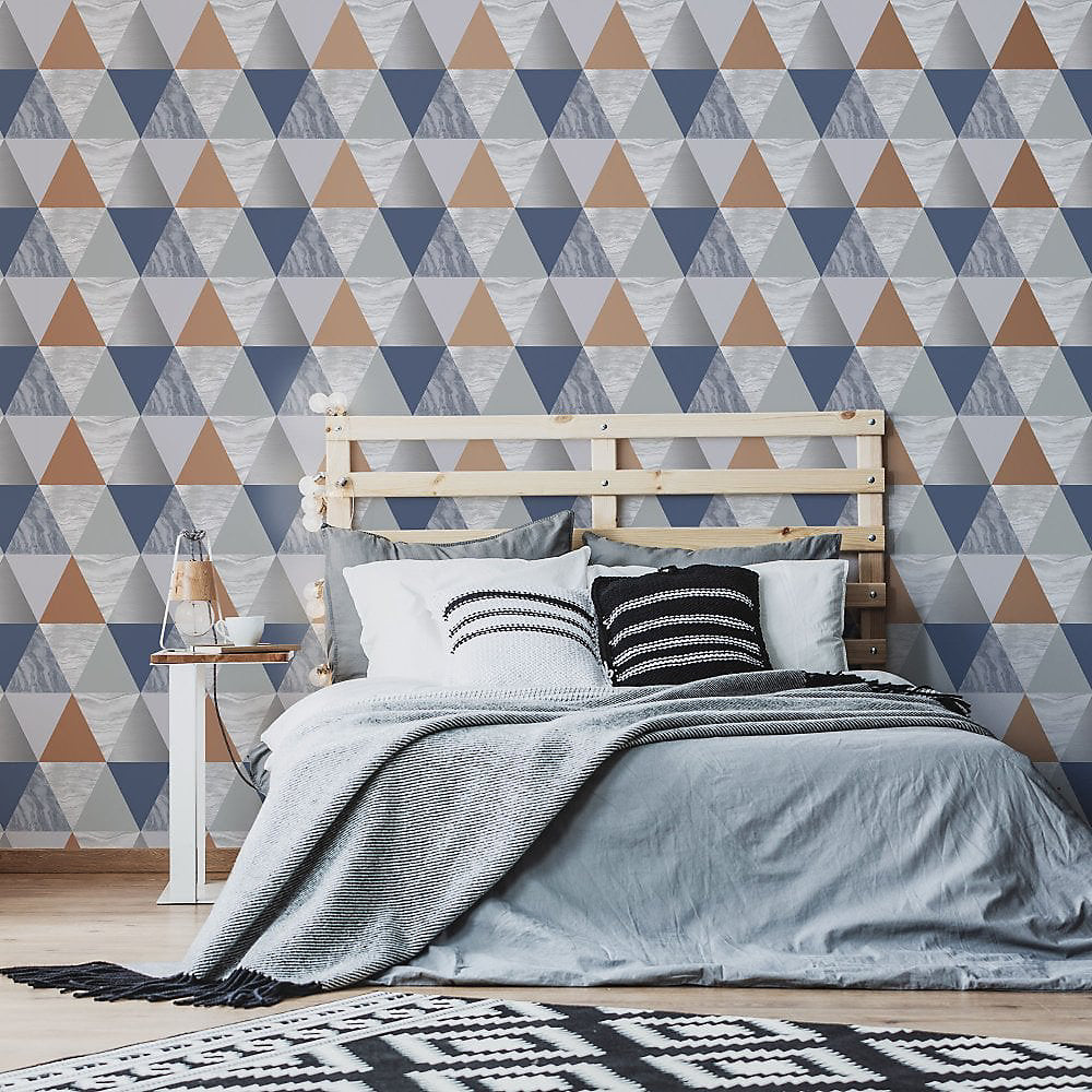 Graham & brown Harlequin Blue & Rose Gold Triangle Gold Wallpaper 111399