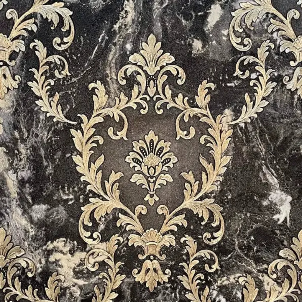Vasari Sienna Damask Black & Gold Marble Wallpaper 534382