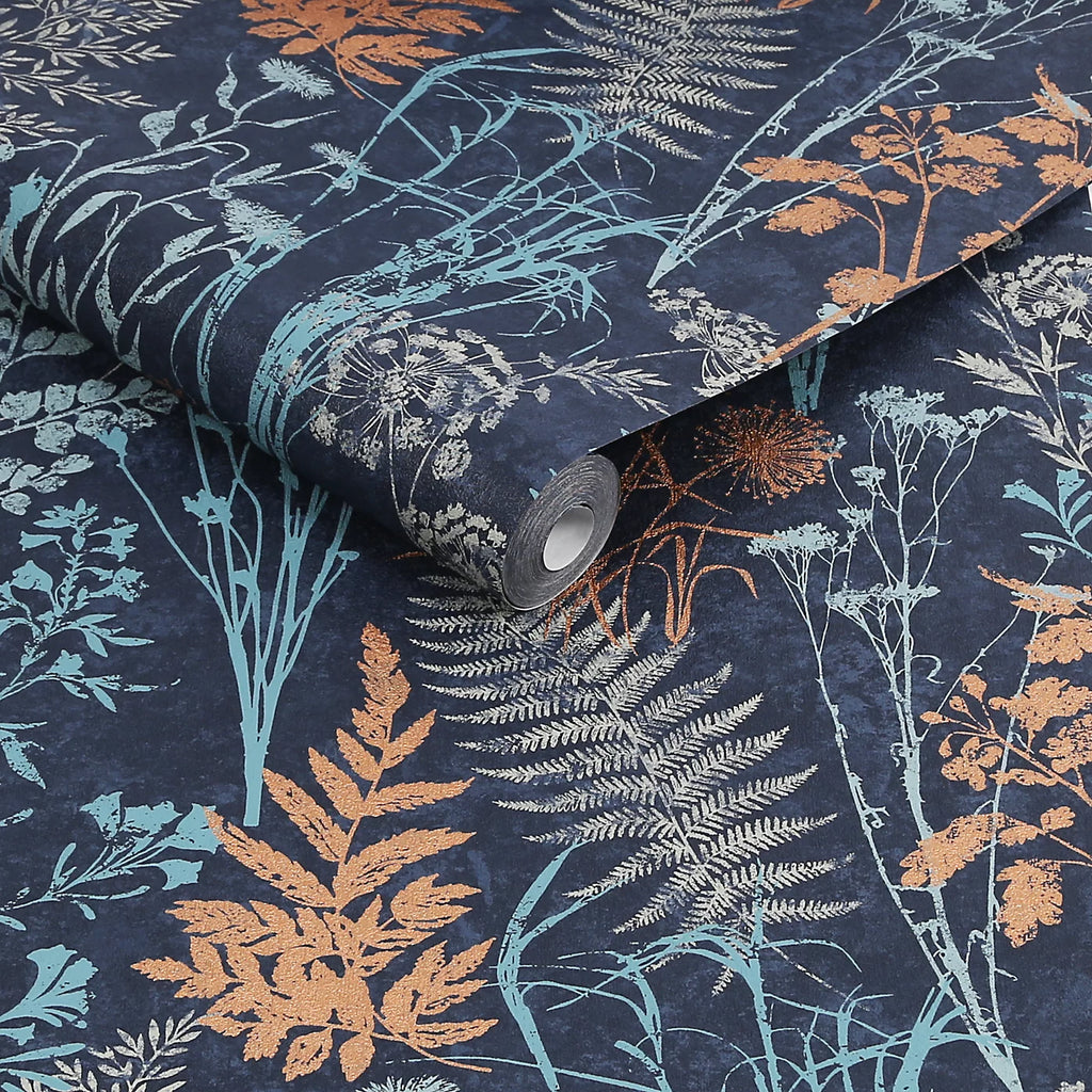 Graham & Brown Organics Navy Blue & Copper Floral Wallpaper 120719
