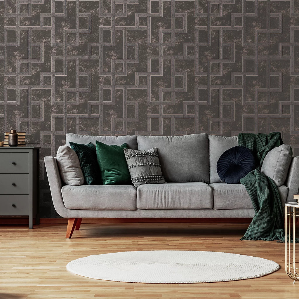 Graham & Brown Gilded Greek Key Smokey Quartz Geometric Wallpaper 115727