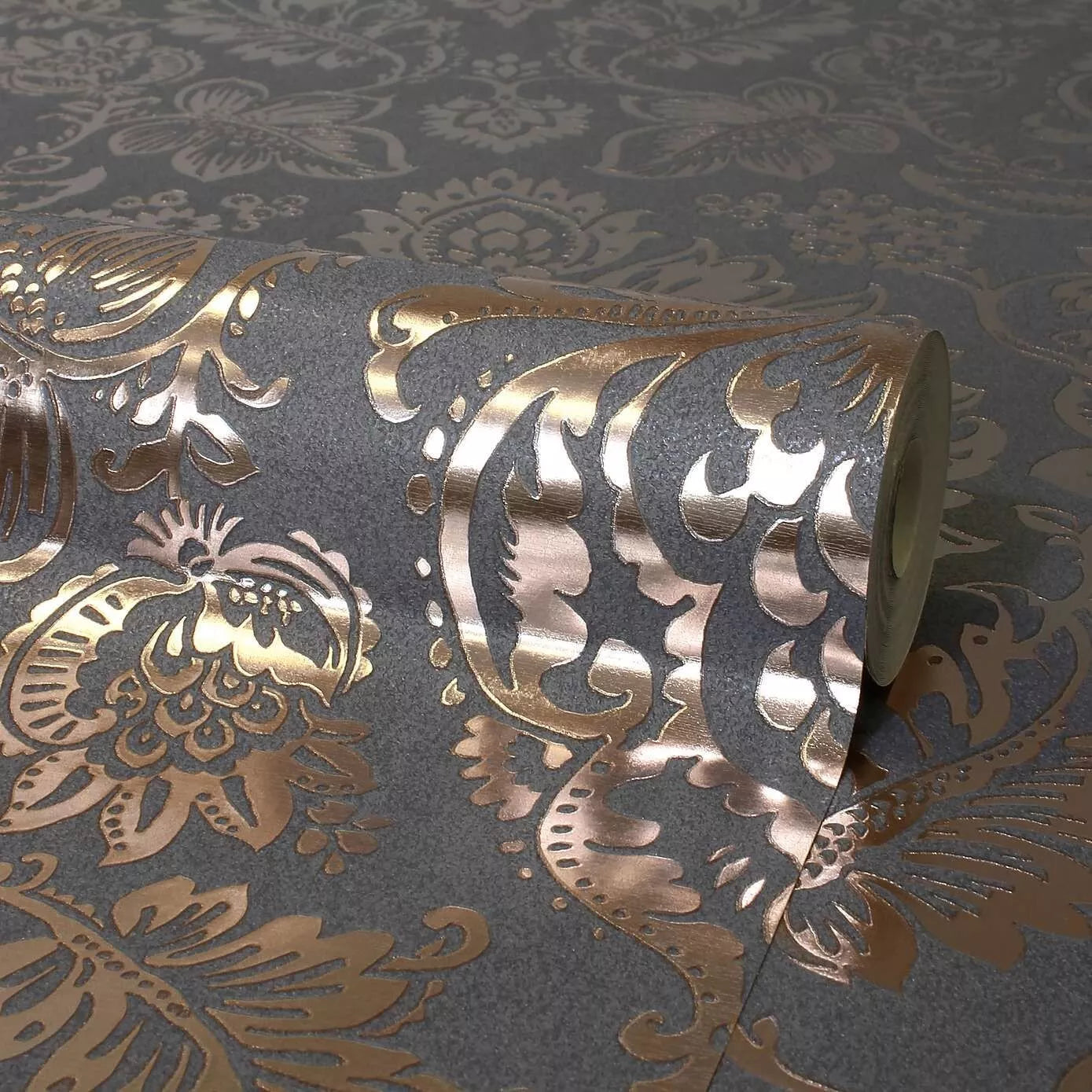 Vymura Platinum Damask Rose Gold Metallic Foil Luxury Wallpaper FD42563