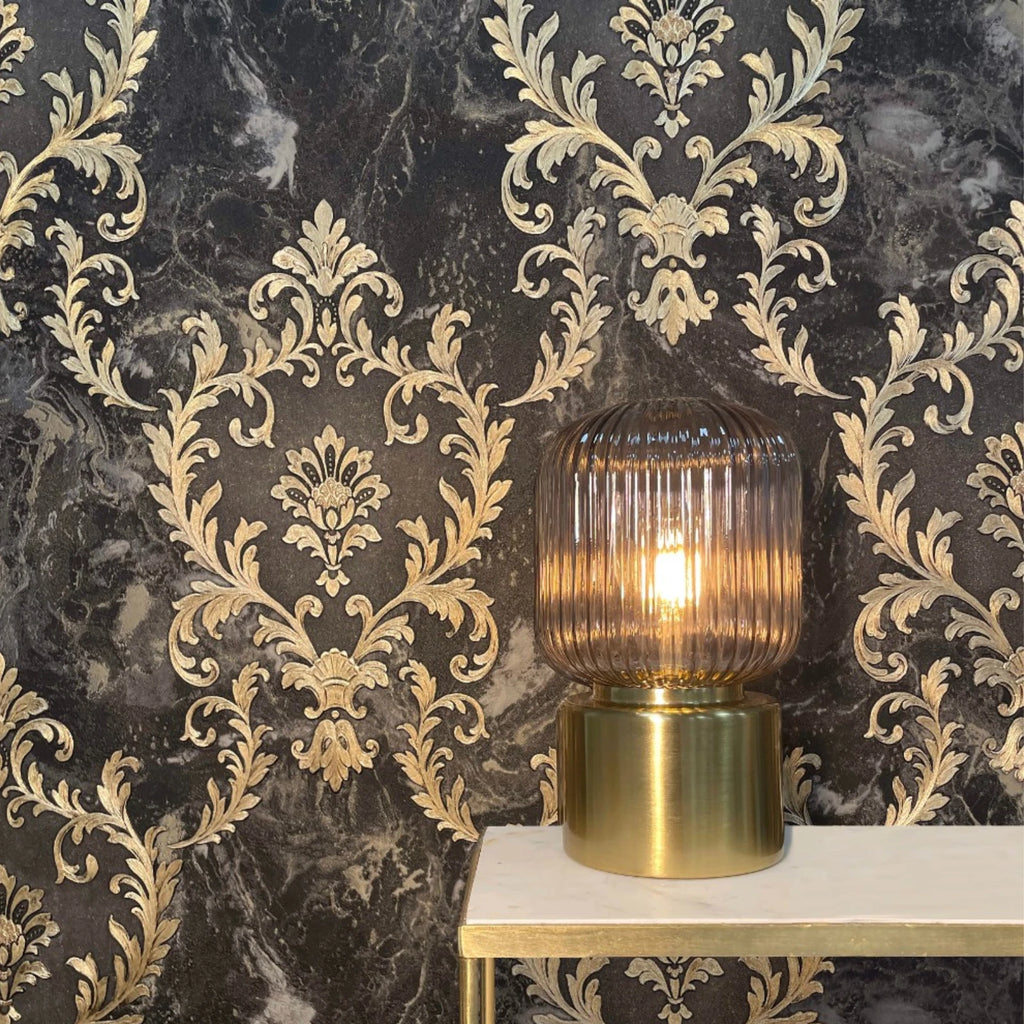 Vasari Sienna Damask Black & Gold Marble Wallpaper 534382
