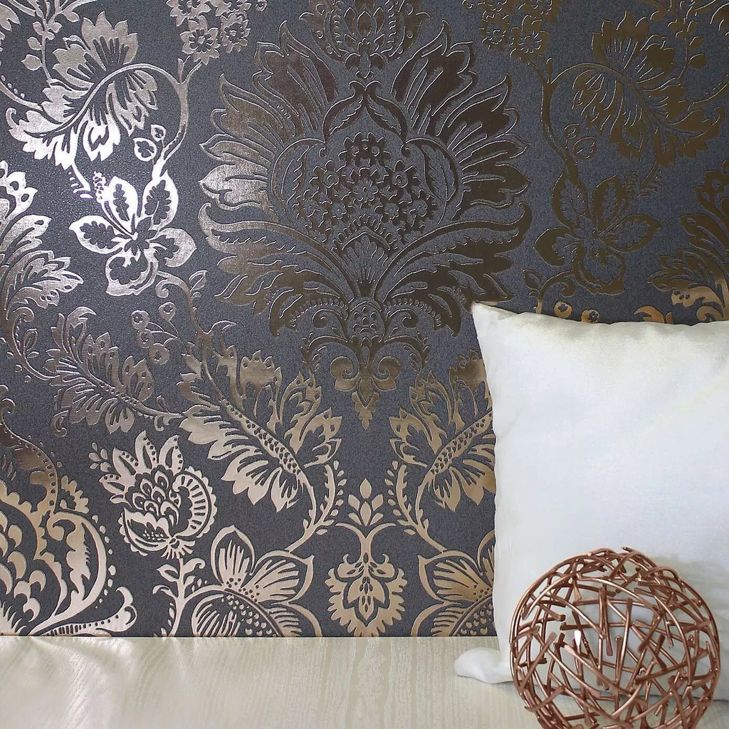 Vymura Platinum Damask Rose Gold Metallic Foil Luxury Wallpaper FD42563