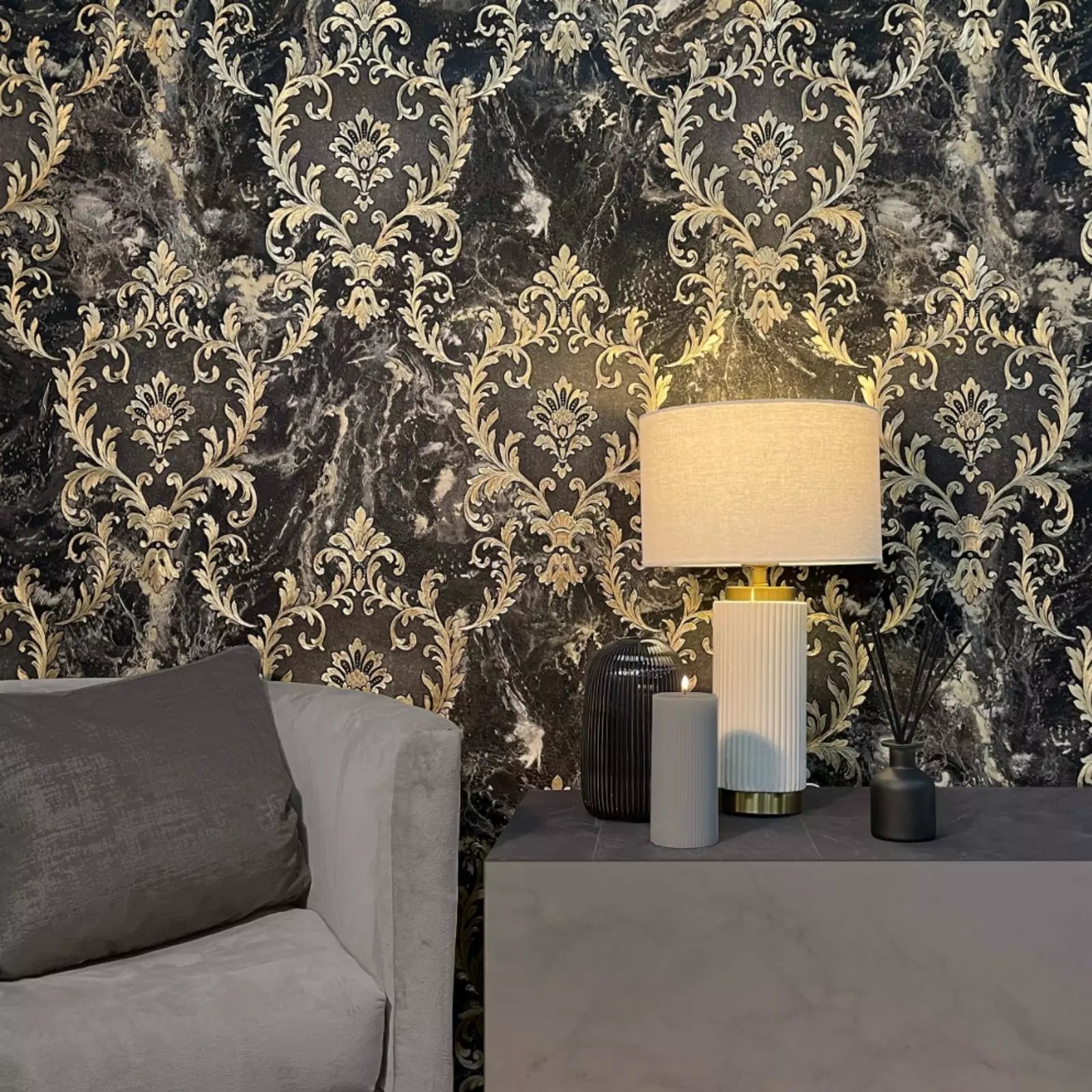 Vasari Sienna Damask Black & Gold Marble Wallpaper 534382