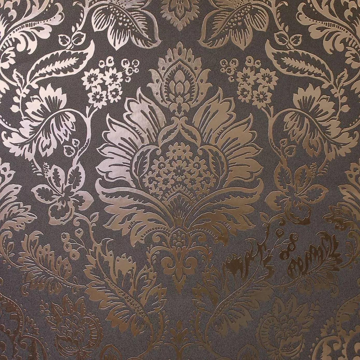 Vymura Platinum Damask Rose Gold Metallic Foil Luxury Wallpaper FD42563