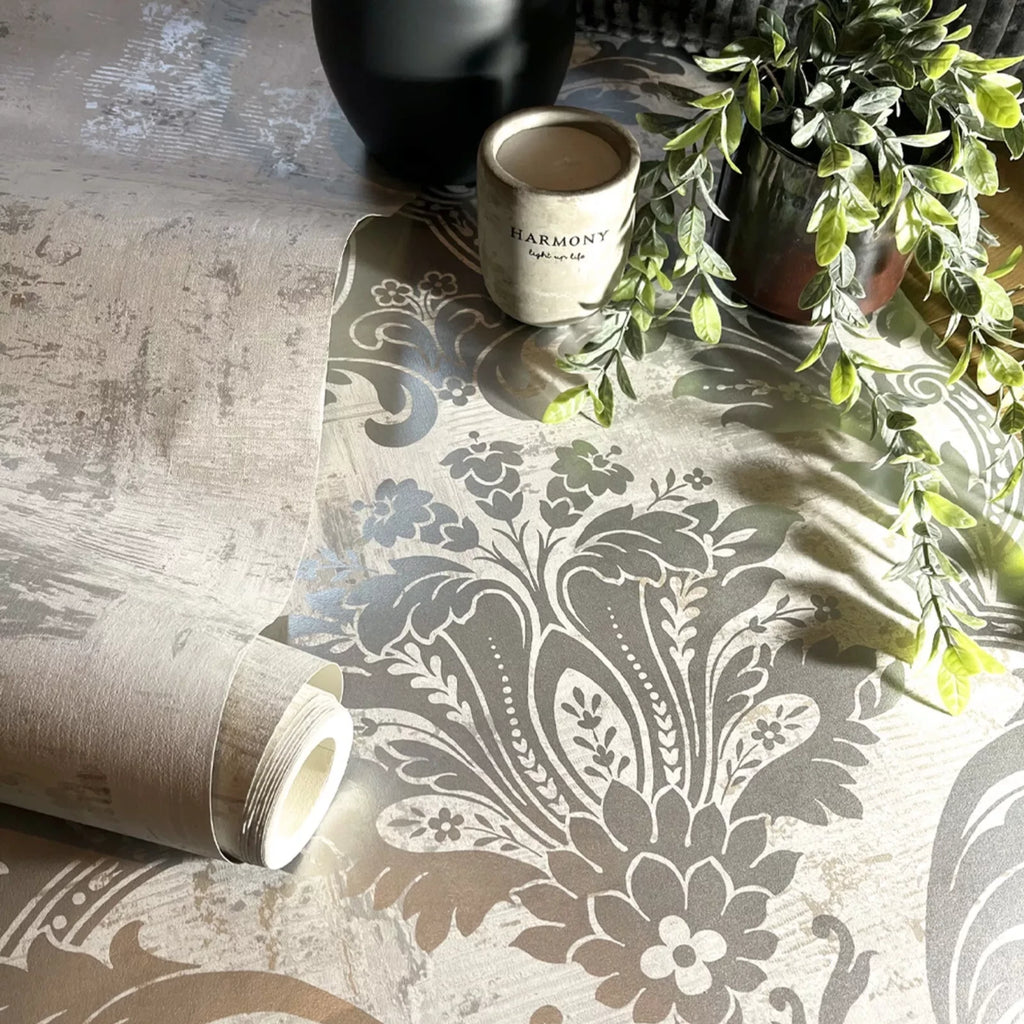 Belgravia Plaster Distressed Damask Grey & Cream Metallic Luxury Wallpaper 2317