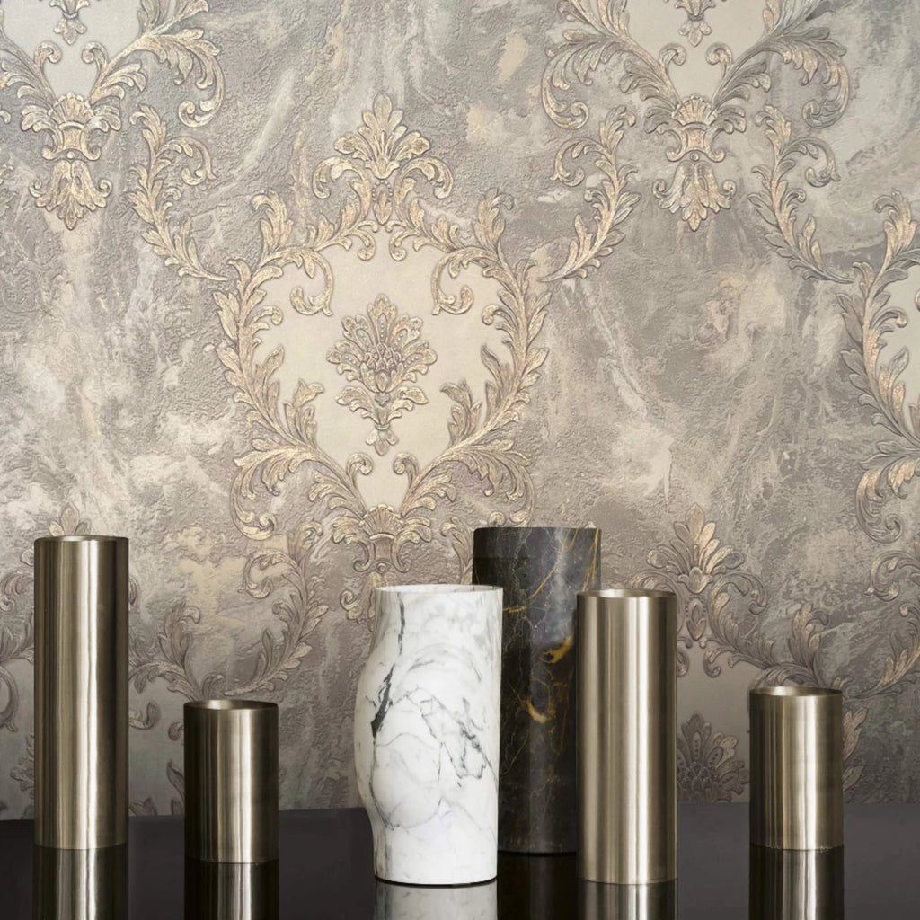 Share Vasari Sienna Damask Light Grey & Gold Marble Luxury Wallpaper 534351