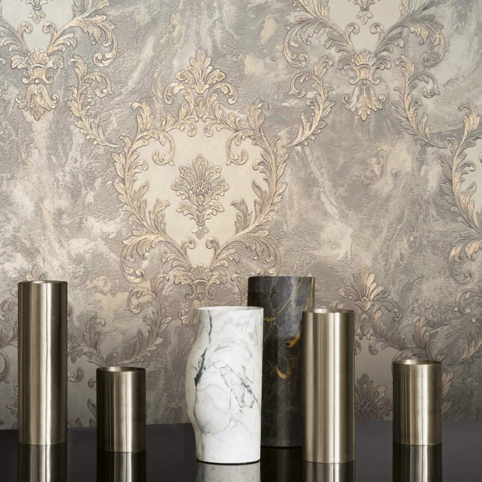 Share Vasari Sienna Damask Light Grey & Gold Marble Luxury Wallpaper 534351