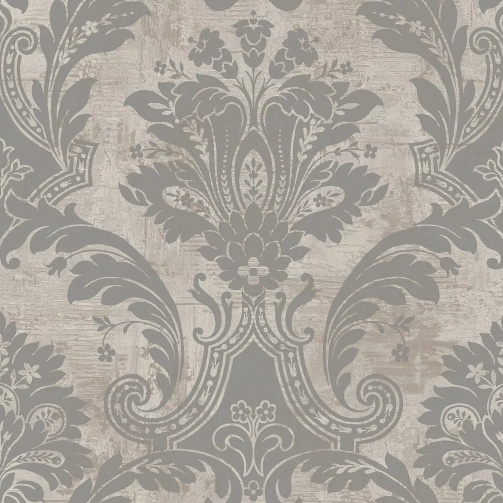 Belgravia Plaster Distressed Damask Grey & Cream Metallic Luxury Wallpaper 2317