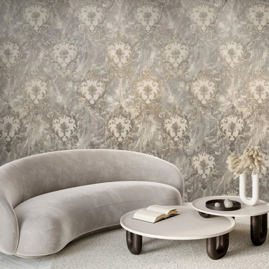 Share Vasari Sienna Damask Light Grey & Gold Marble Luxury Wallpaper 534351