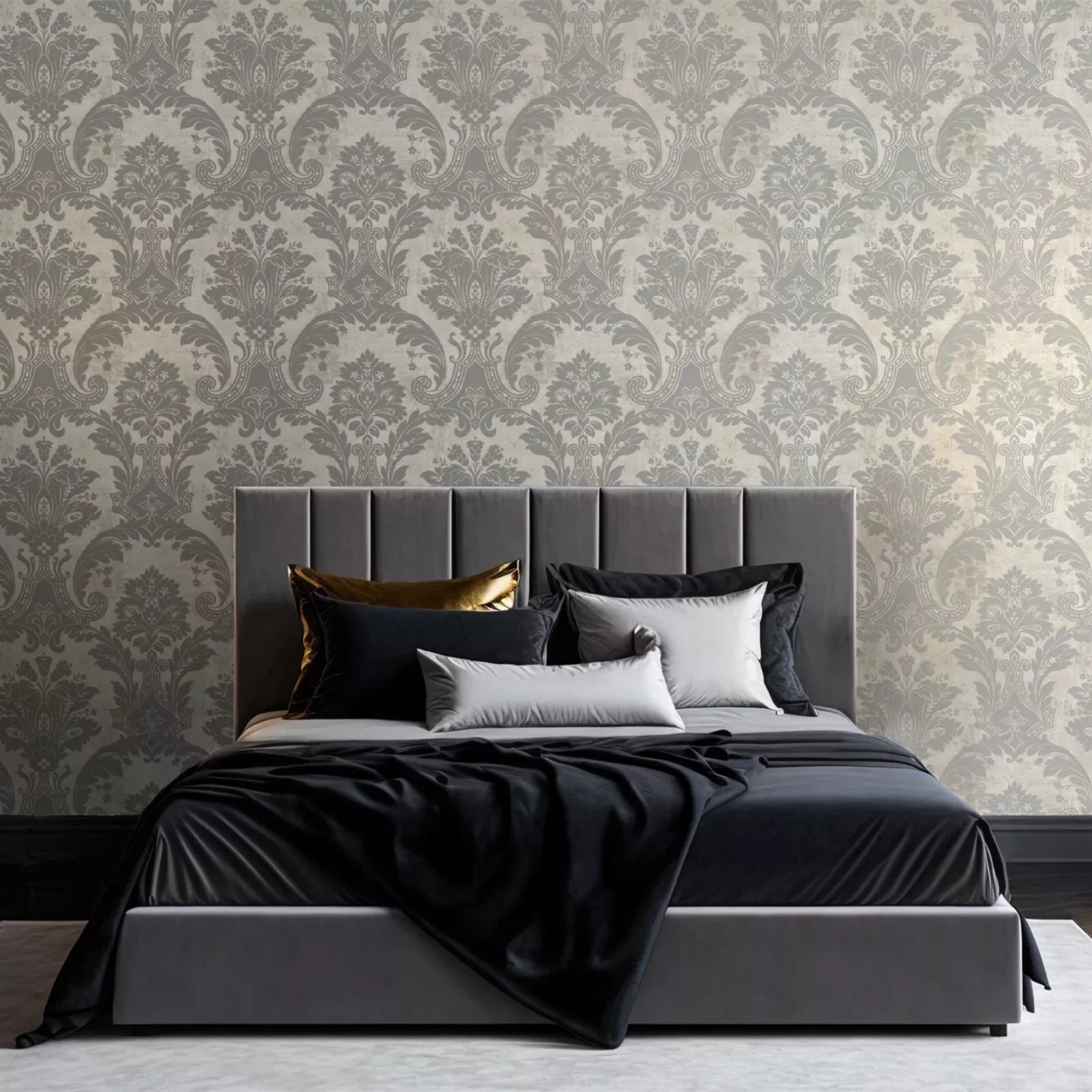 Belgravia Plaster Distressed Damask Grey & Cream Metallic Luxury Wallpaper 2317