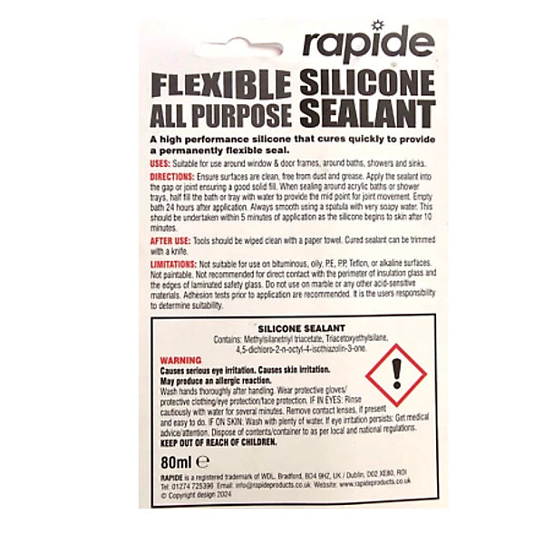 Rapide White Flexible All Purpose Silicone Sealant Quick Drying Squeeze Tube 80g