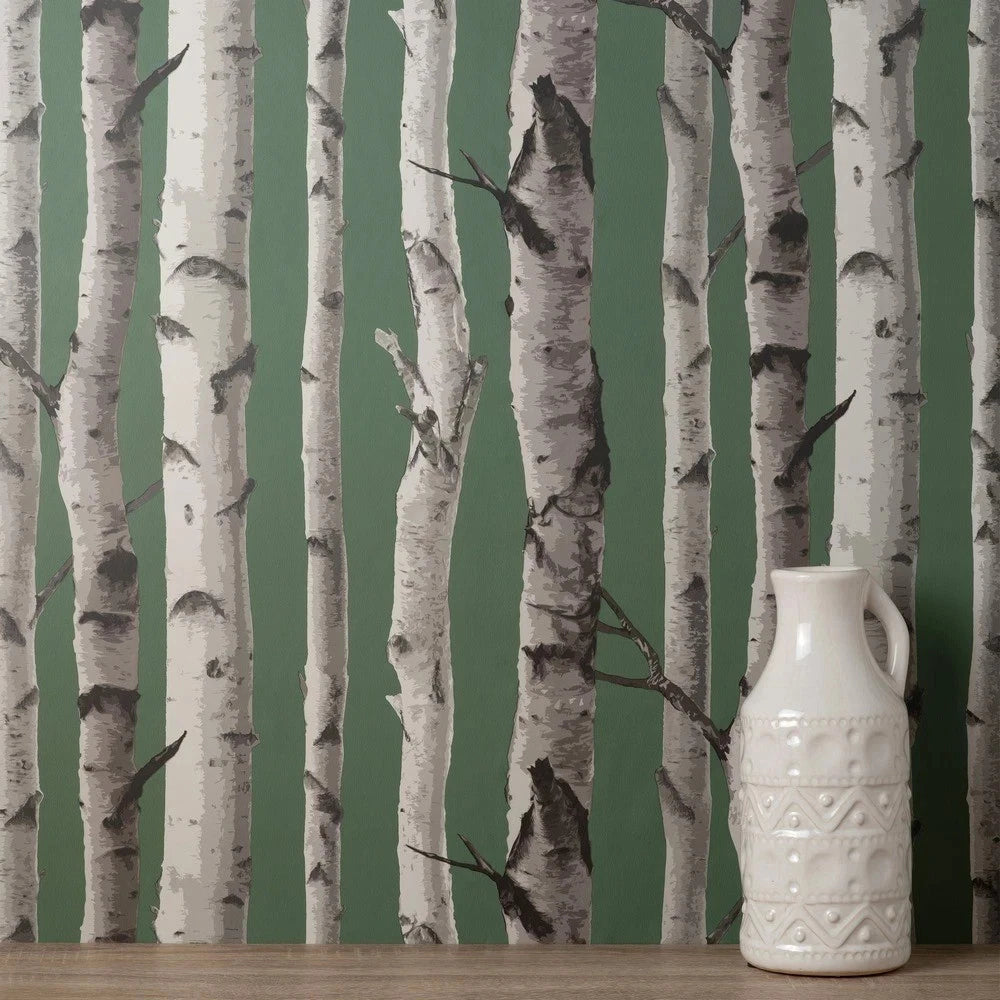 Fine Decor Birch Trees Hunter Green Wallpaper FD43292