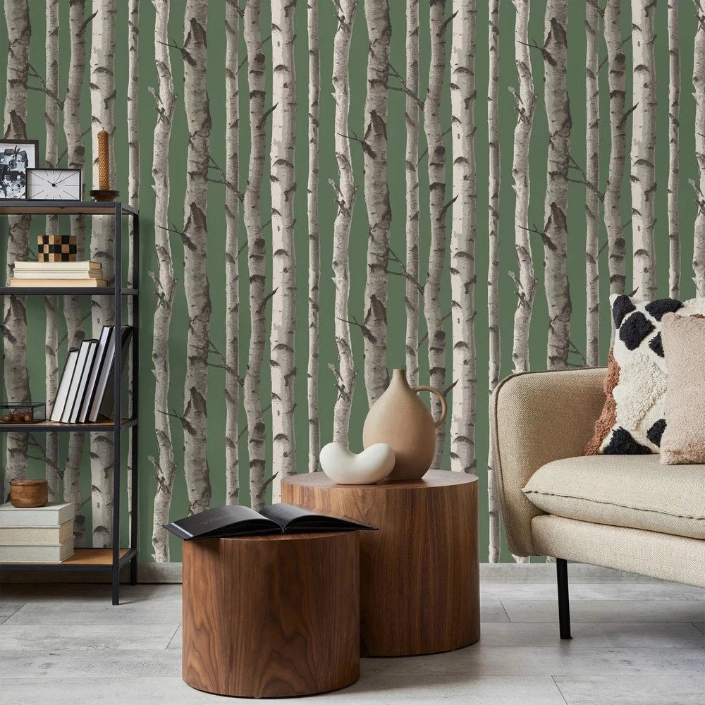 Fine Decor Birch Trees Hunter Green Wallpaper FD43292