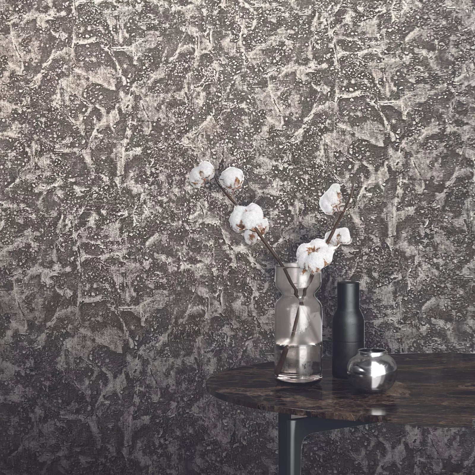 Vasari Ariana Charcoal Grey Marble Plaster Wallpaper 535952