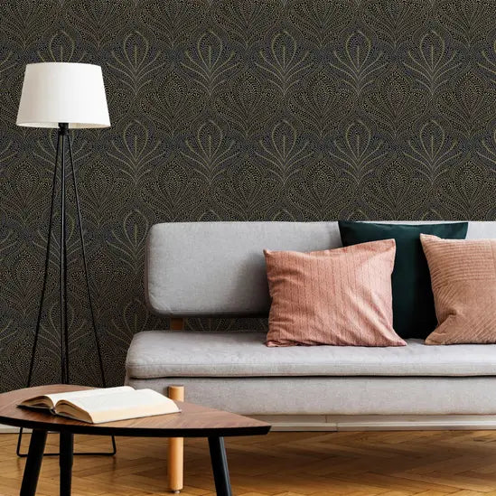 Grandeco Margot Black & Gold Leaf Damask Metallic Luxury Wallpaper 184603