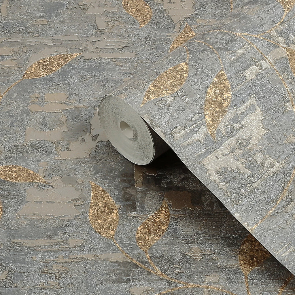 Graham & Brown Steel Gold Ornamental Leaf Wallpaper 128796