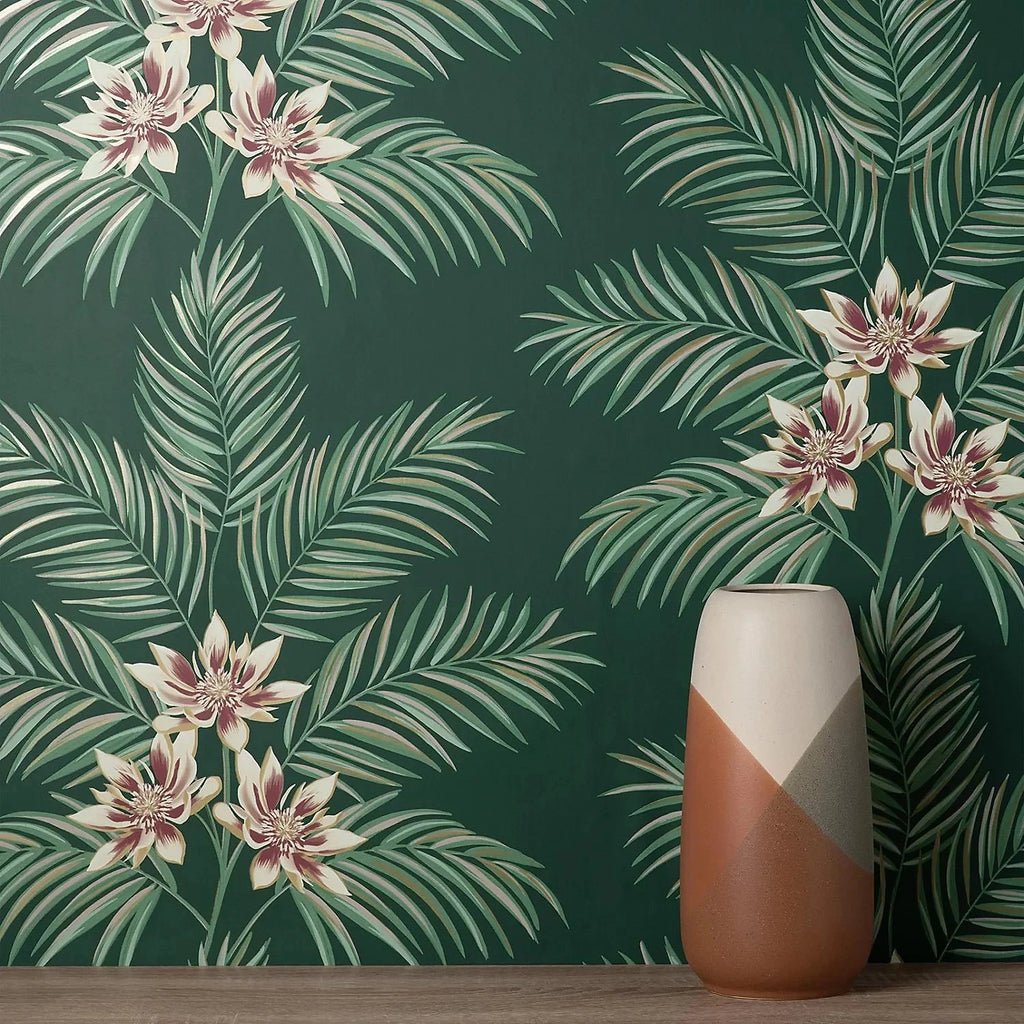 Fine Decor Green Bali Emerald Tropical Floral Jungle Wallpaper FD43279