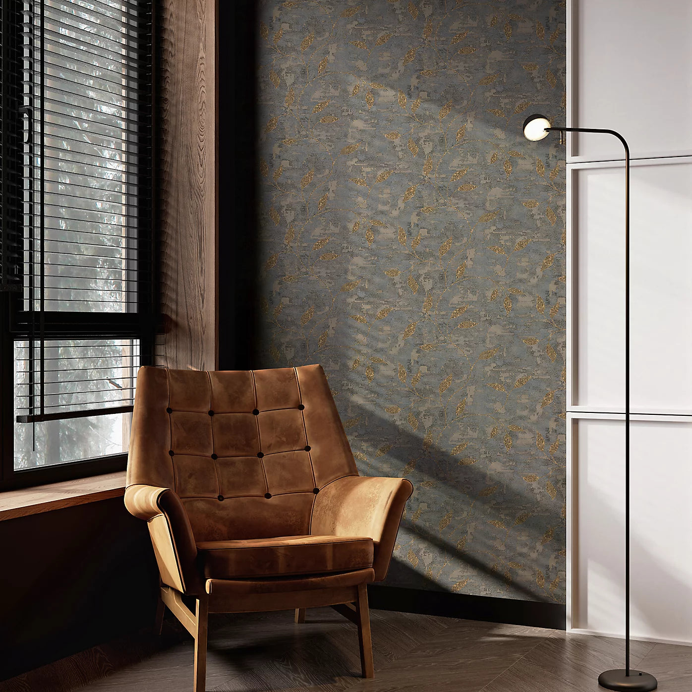 Graham & Brown Steel Gold Ornamental Leaf Wallpaper 128796