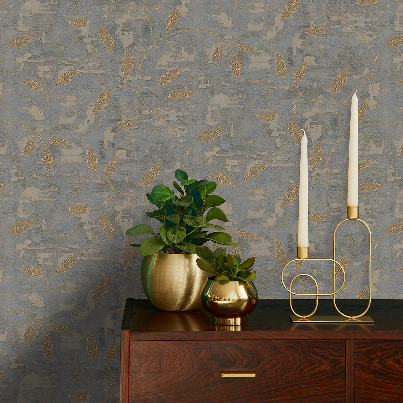 Graham & Brown Steel Gold Ornamental Leaf Wallpaper 128796