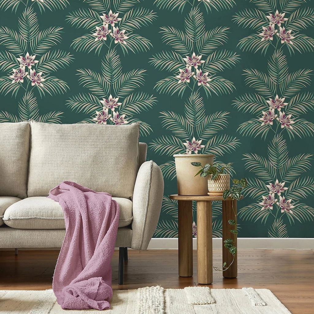 Fine Decor Green Bali Emerald Tropical Floral Jungle Wallpaper FD43279