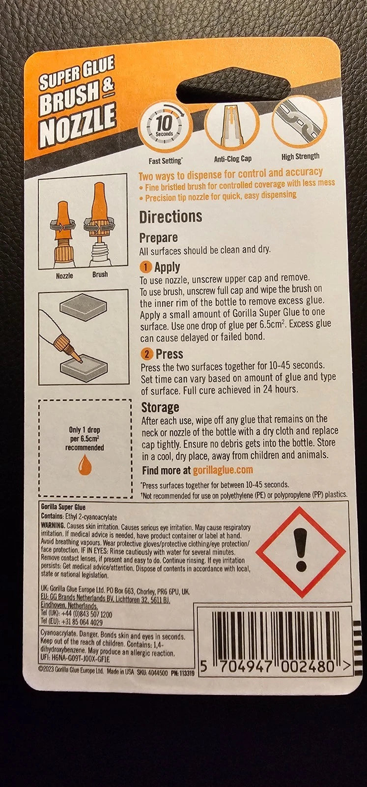 Gorilla Super Glue Brush & Nozzle 12g High Strength, Fast Setting, Anti clog Cap