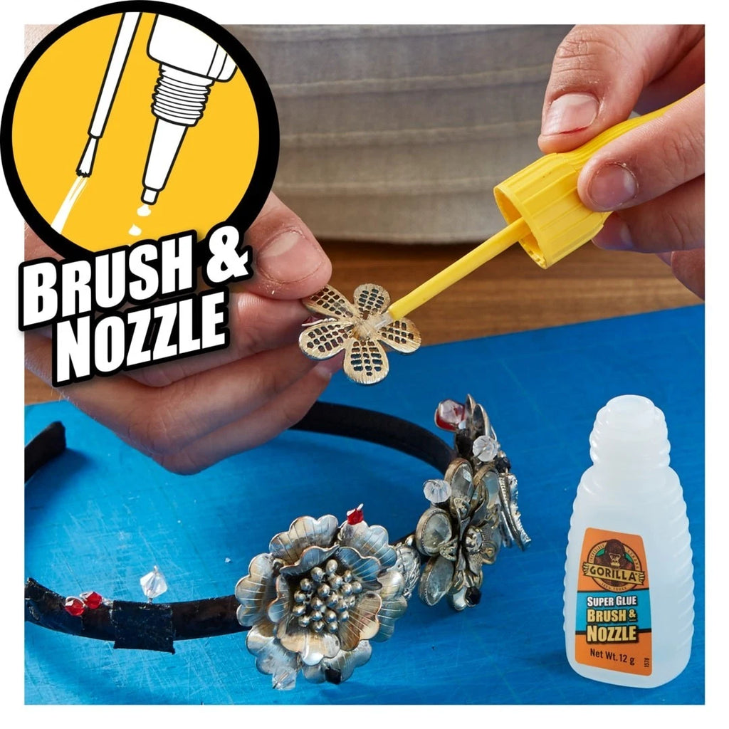Gorilla Super Glue Brush & Nozzle 12g High Strength, Fast Setting, Anti clog Cap