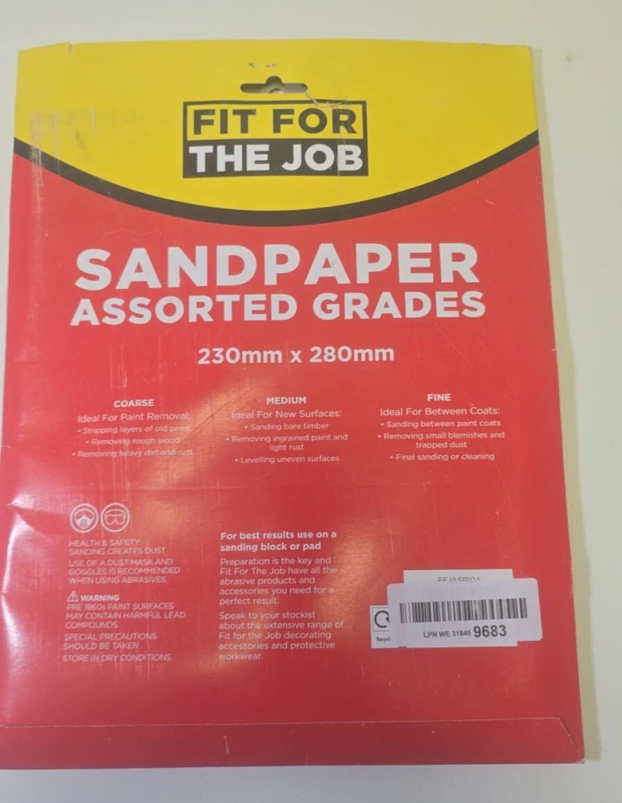 Fit For The Job A4 Size Assorted Grades Sandpaper Sheets, Pack of 10