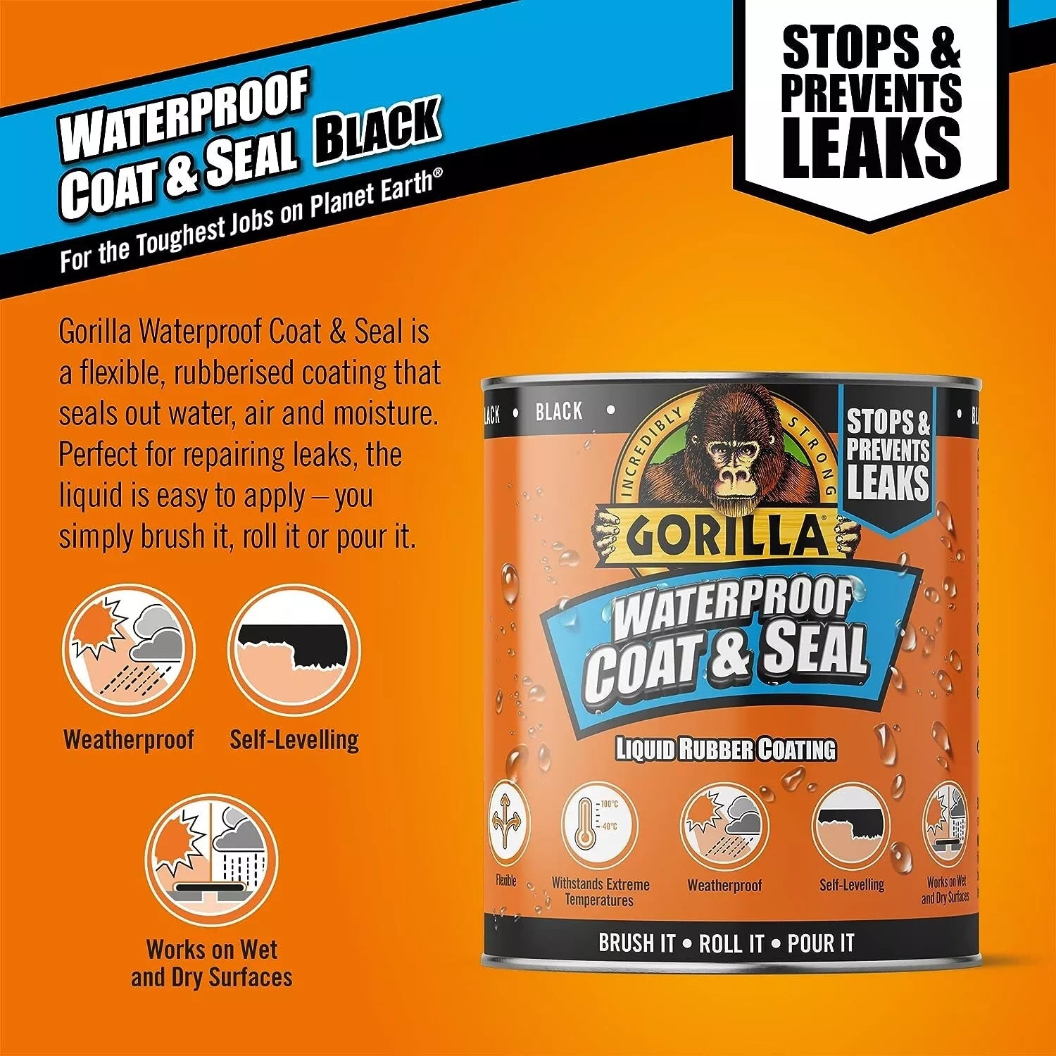 Gorilla Waterproof Coat & Seal Leak Seal Liquid Coating Flexible 473ml Black