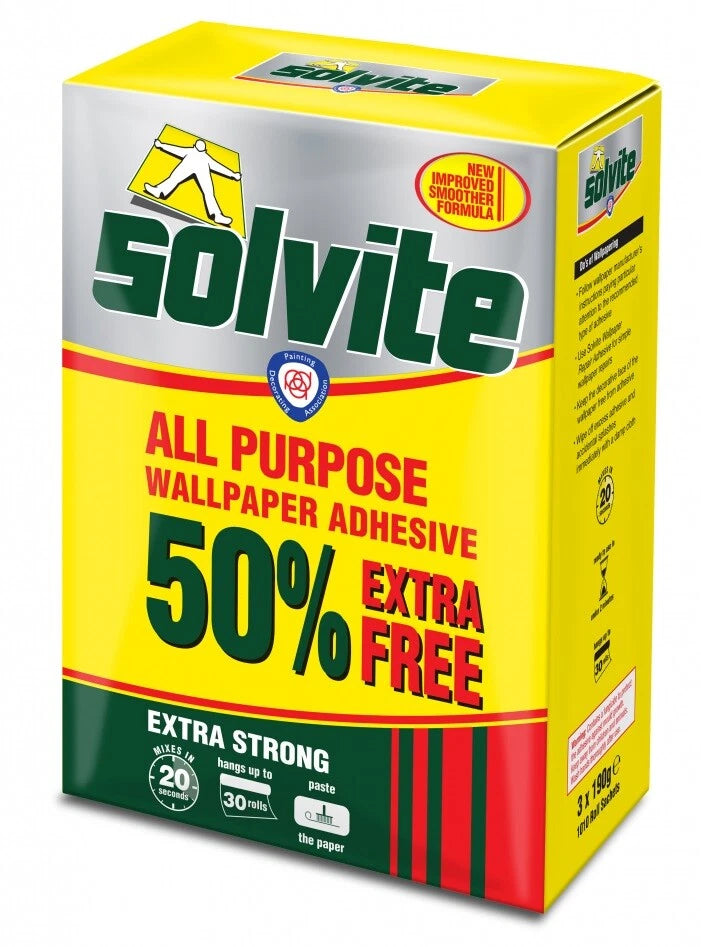 Solvite Wallpaper Adhesive Hangs Up To 30 Rolls Quick Mix 3 x 185g Sachets
