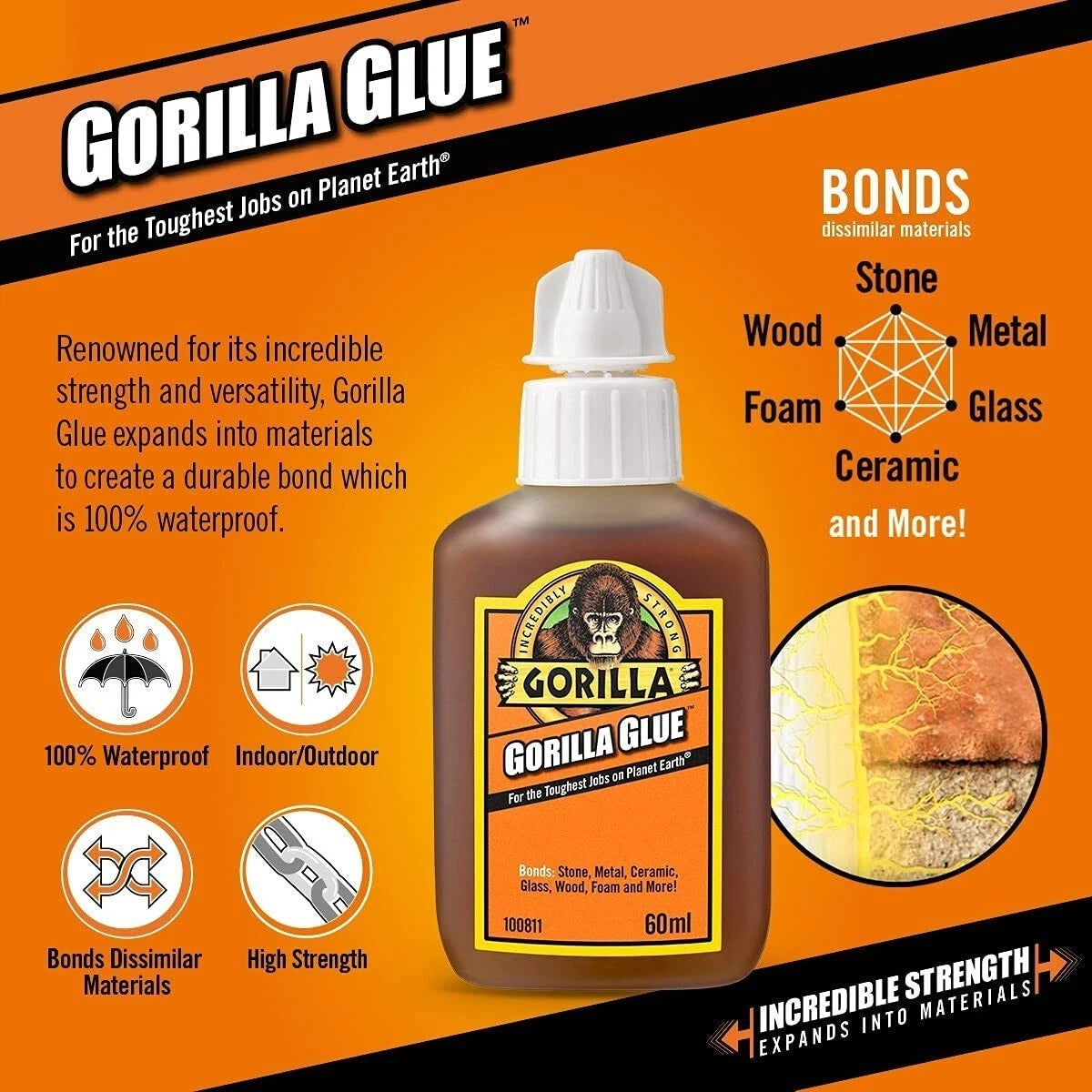 Gorilla Glue For Wood Stone Metal Ceramic Glass Tough & Waterproof 60ml