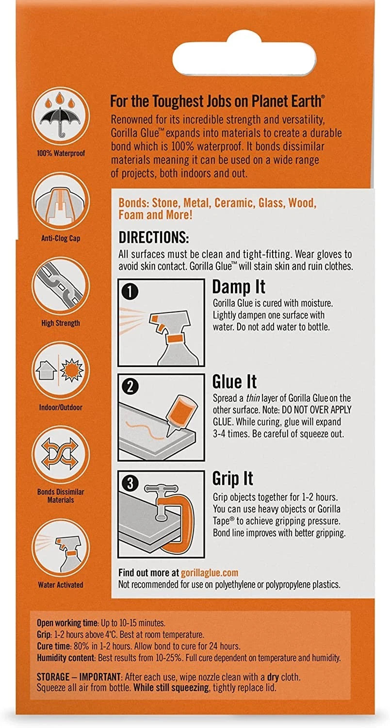 Gorilla Glue For Wood Stone Metal Ceramic Glass Tough & Waterproof 60ml