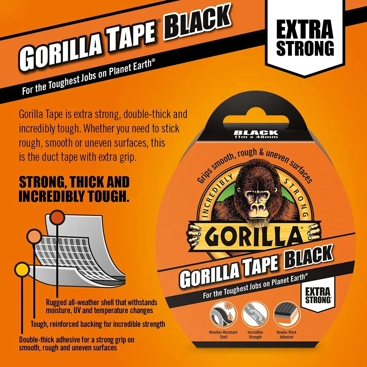 Gorilla Tape 48mm x 11M Strong Black Duct Gaffer Tape Smooth Rough Gaffa Roll