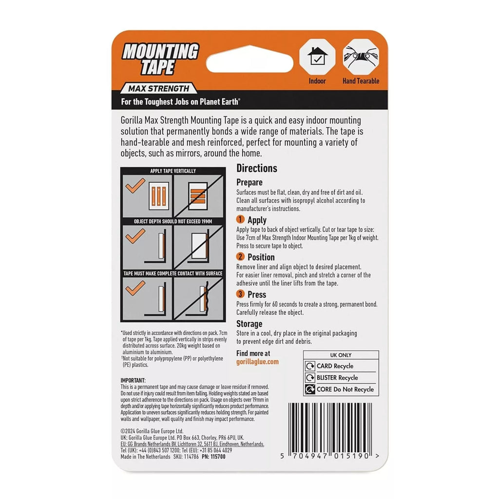 Gorilla Heavy Duty Mounting Tape Double Sided Weatherproof 25mm x 1.5m