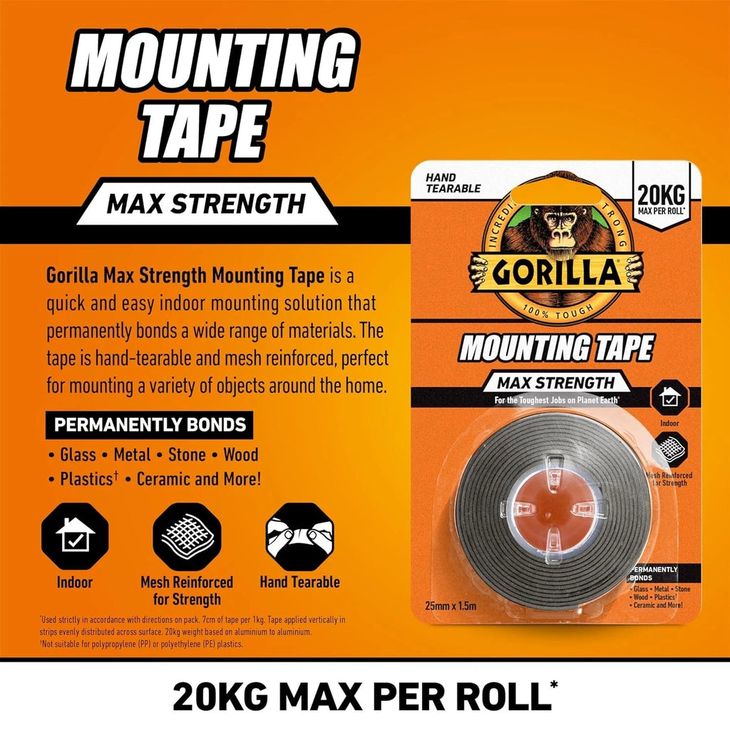 Gorilla Heavy Duty Mounting Tape Double Sided Weatherproof 25mm x 1.5m