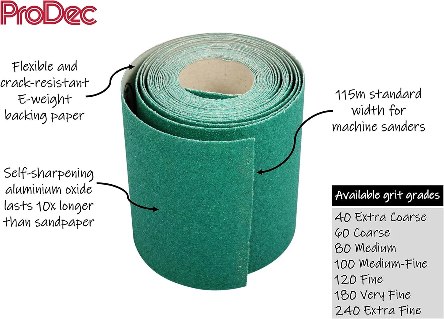 Prodec Green Aluminum Oxide SandPaper Roll 5M X 115MM 80 Grit Medium